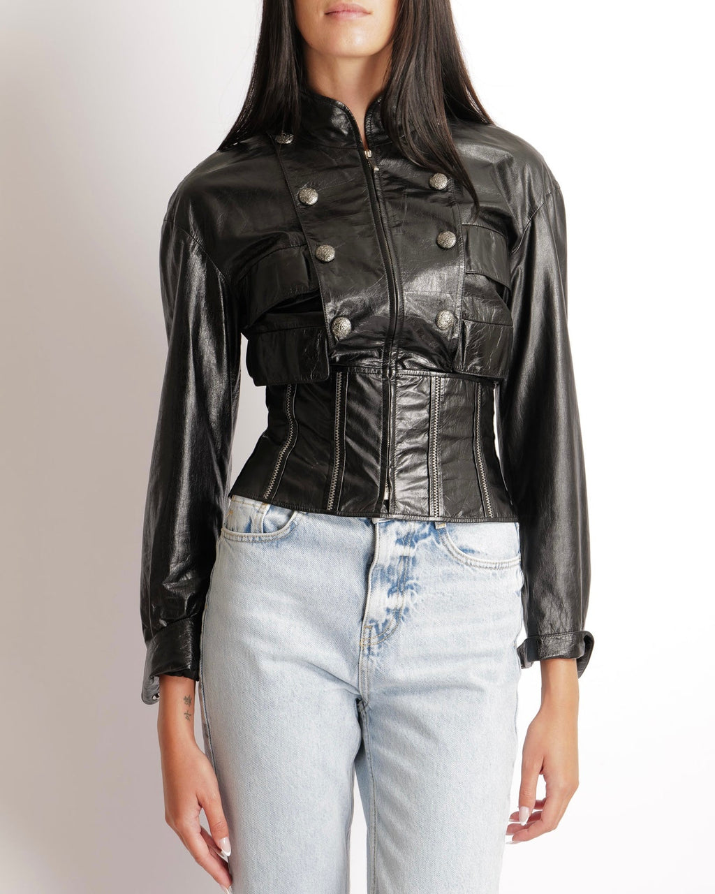 Chanel Fall 2014 Black Corseted Leather Jacket with Silver Zippers Stitch Details and Silver Textured CC Logo Buttons Size FR 36 (UK 8)
