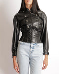 Chanel Fall 2014 Black Corseted Leather Jacket with Silver Zippers Stitch Details and Silver Textured CC Logo Buttons Size FR 36 (UK 8)