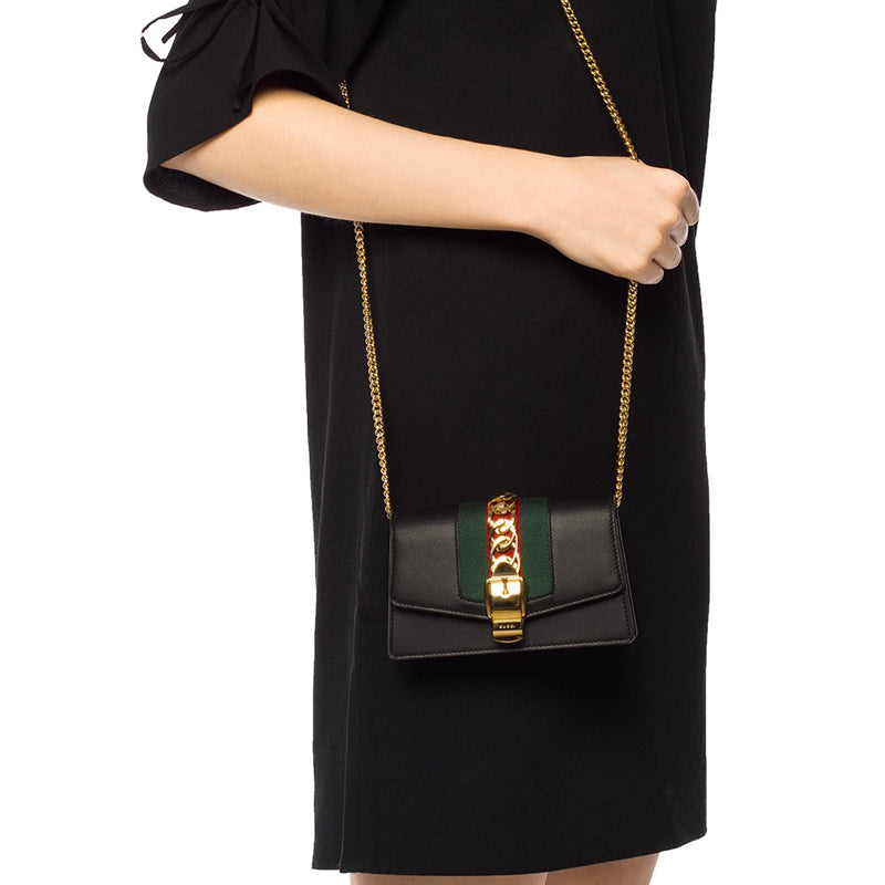(WMNS) GUCCI Sylvie Series Fabric/ Leather Single Shoulder Satchel mini Black/ Red/ Green 494646-CWLSG-1060