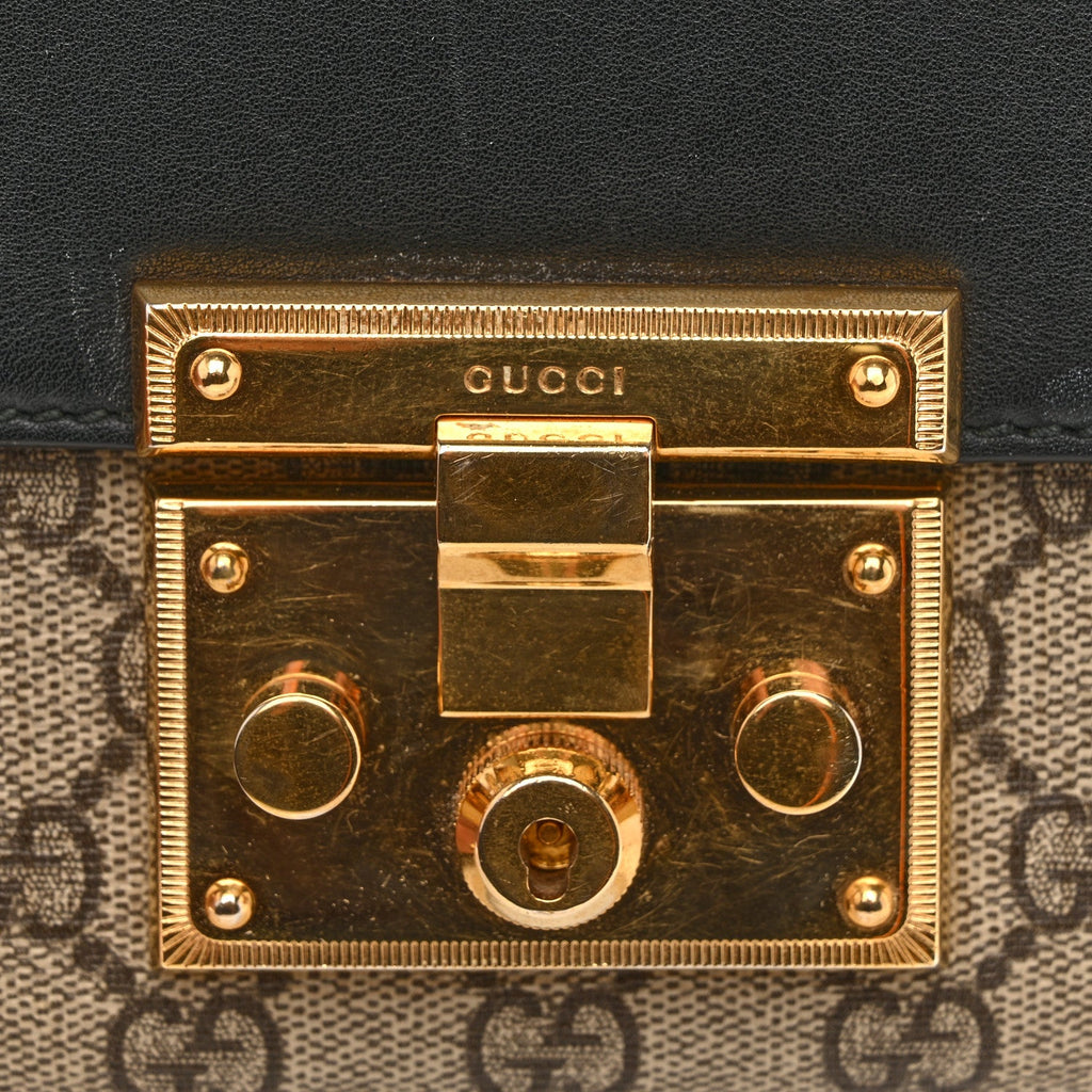 Gucci GG Supreme Monogram Calfskin Small Padlock Shoulder Bag Beige Black Cuir