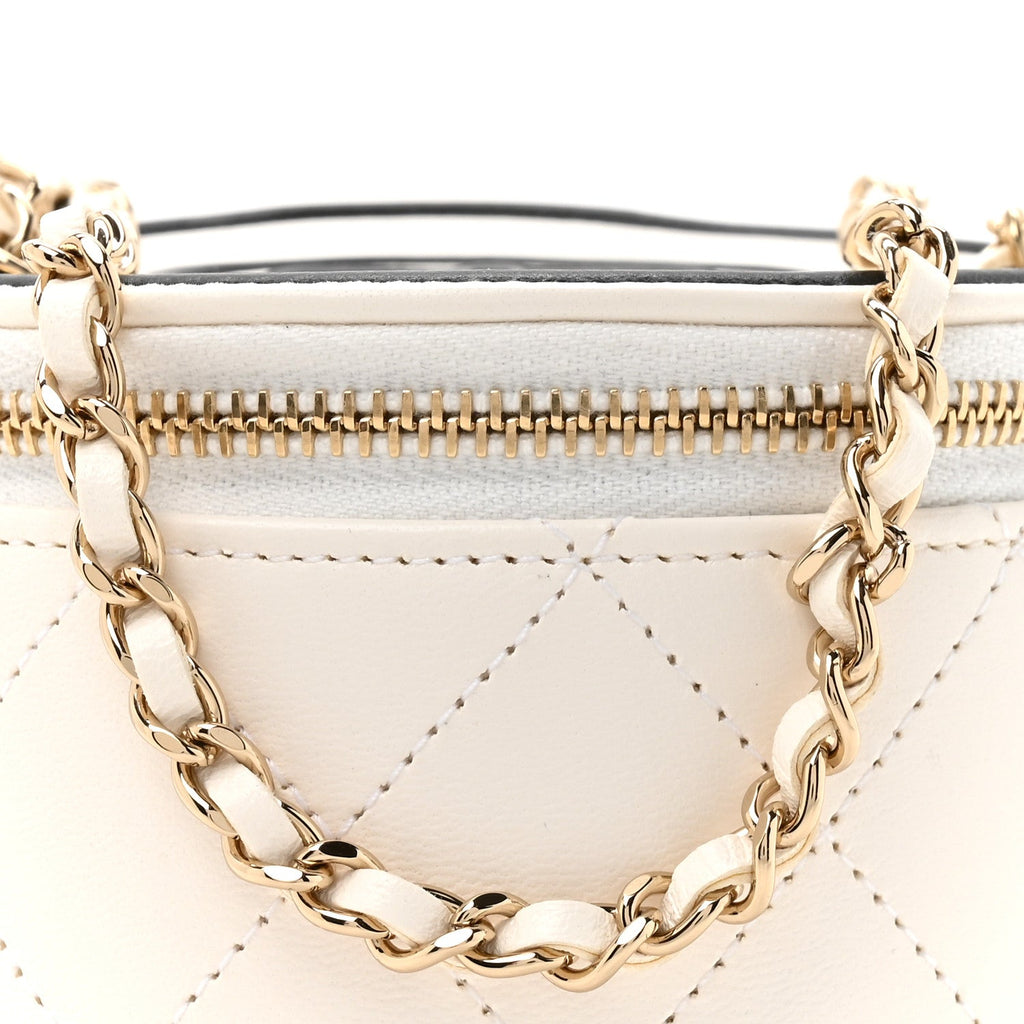 Chanel Lambskin Quilted Round Small Vanity Case With Chain White Black