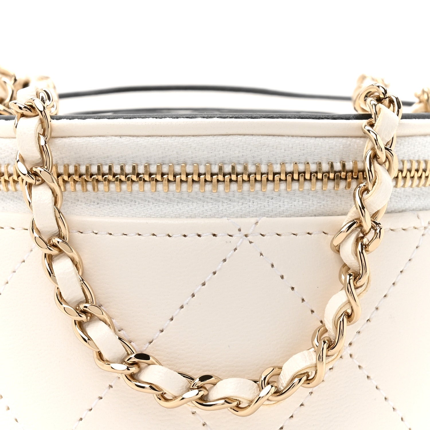 Chanel Lambskin Quilted Round Small Vanity Case With Chain White Black