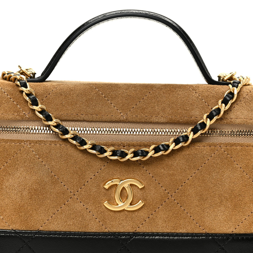 Chanel Suede Calfskin Shiny Lambskin Stitched Top Handle Slim Vanity With Chain Beige Black