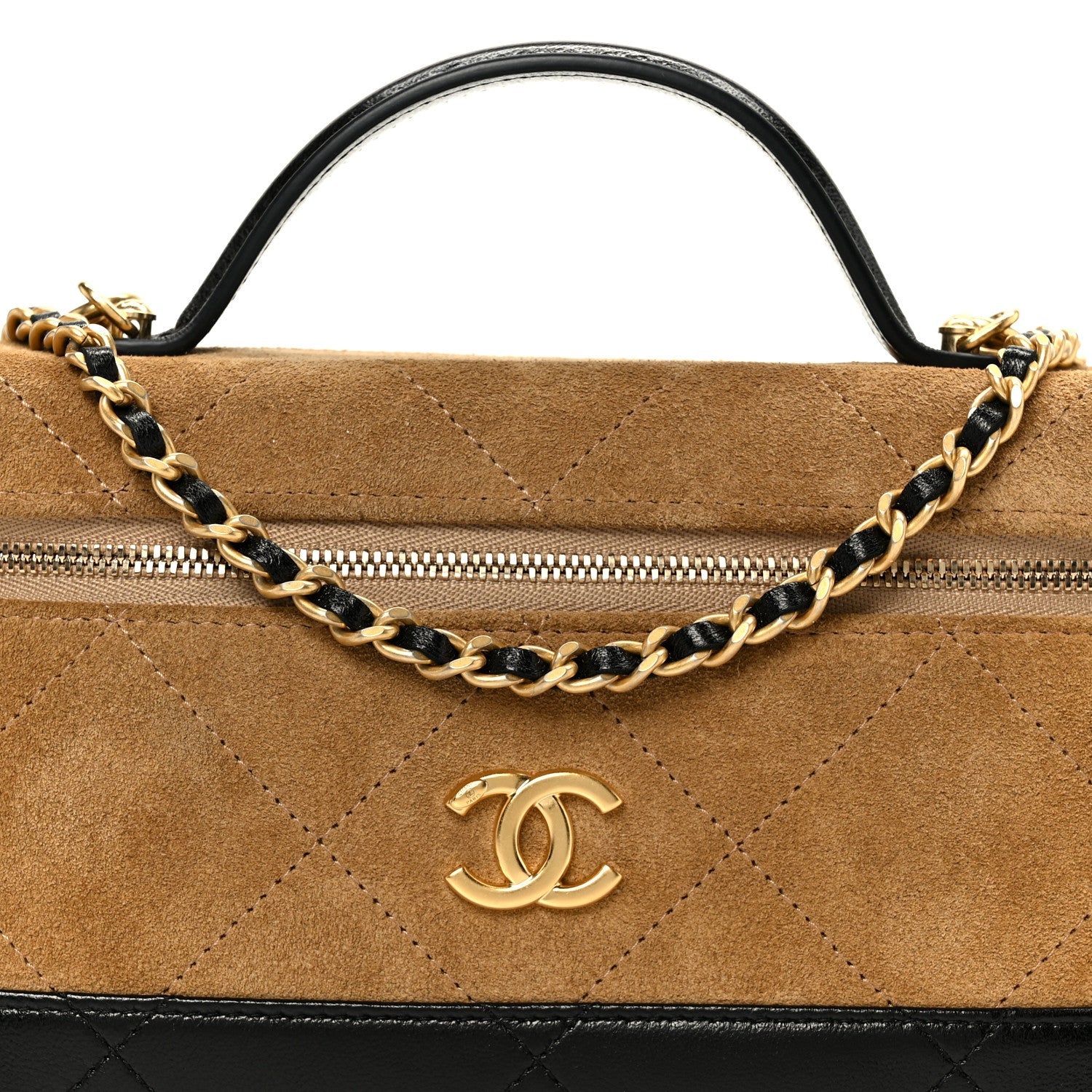 Chanel Suede Calfskin Shiny Lambskin Stitched Top Handle Slim Vanity With Chain Beige Black