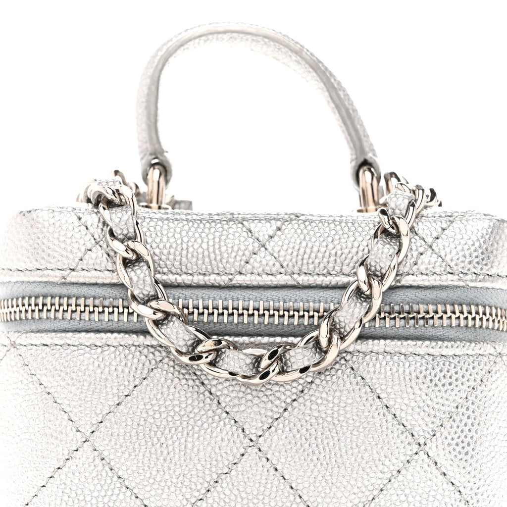 Chanel Metallic Caviar Quilted Mini Top Handle Vanity With Chain Silver