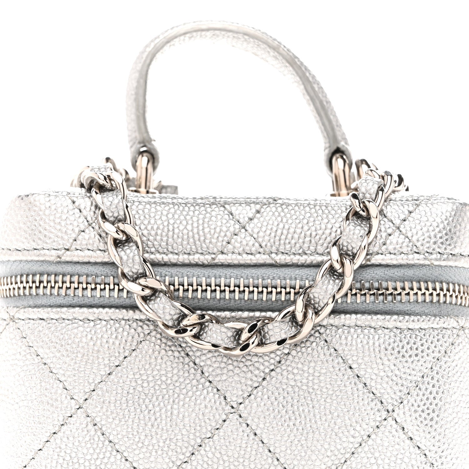Chanel Metallic Caviar Quilted Mini Top Handle Vanity With Chain Silver