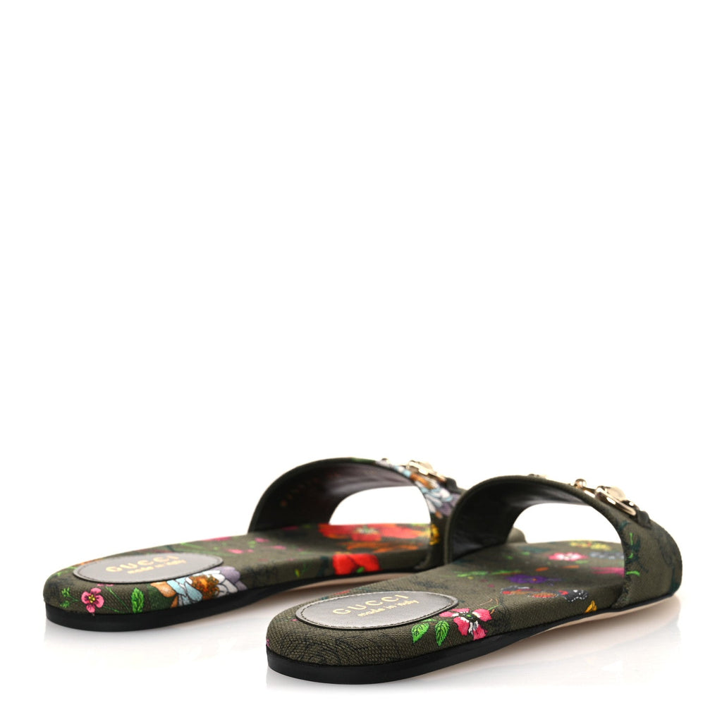 Gucci Canvas Flora Floral Horsebit Slide Sandals 36 Green