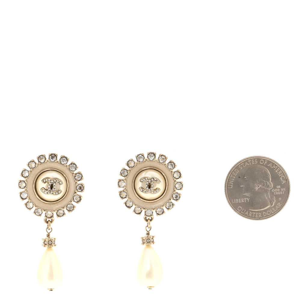 Crystal Pearl Enamel CC Drop Earrings Gold White