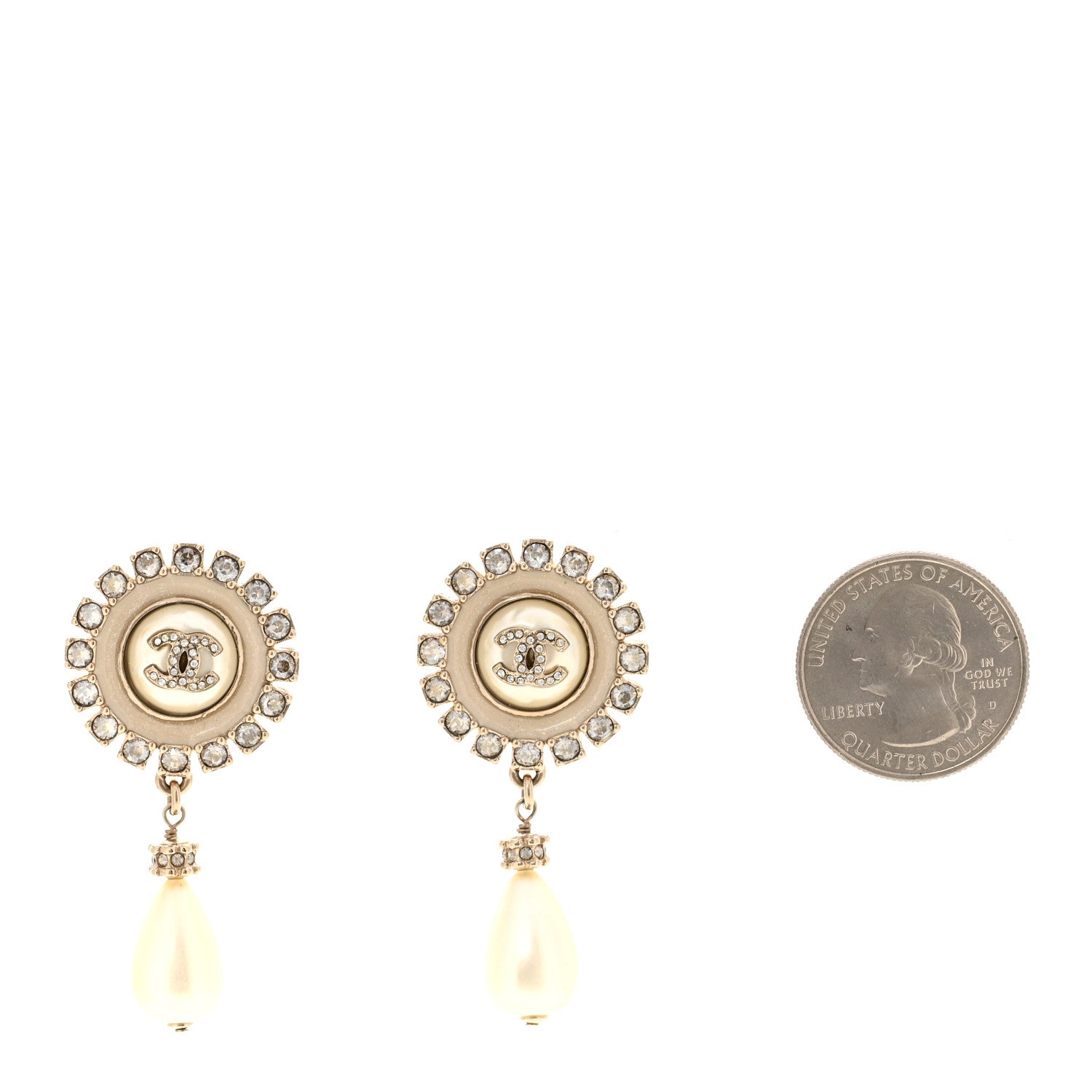 Crystal Pearl Enamel CC Drop Earrings Gold White