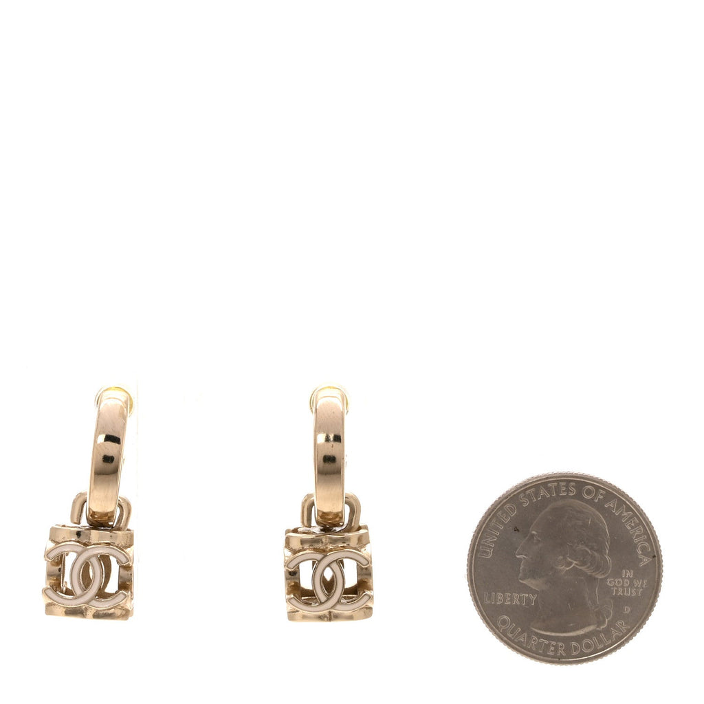 Enamel CC Cube Drop Earrings Gold White