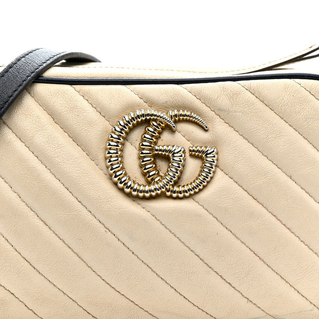 Gucci Vintage Effect Calfskin Matelasse Diagonal Small Torchon GG Marmont Chain Shoulder Bag Mystic White Blue Agata
