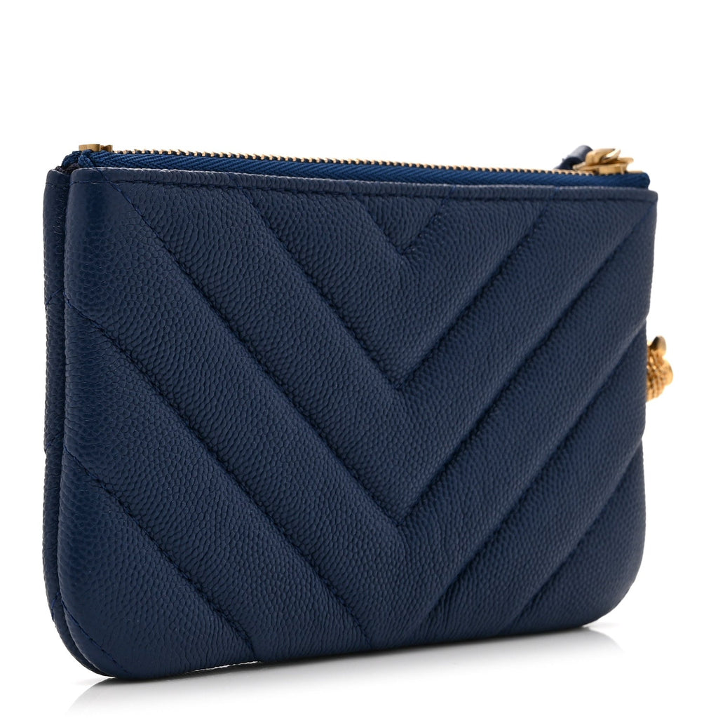 Caviar Chevron Quilted Small Ancient Greek Charms Cosmetic Case Blue