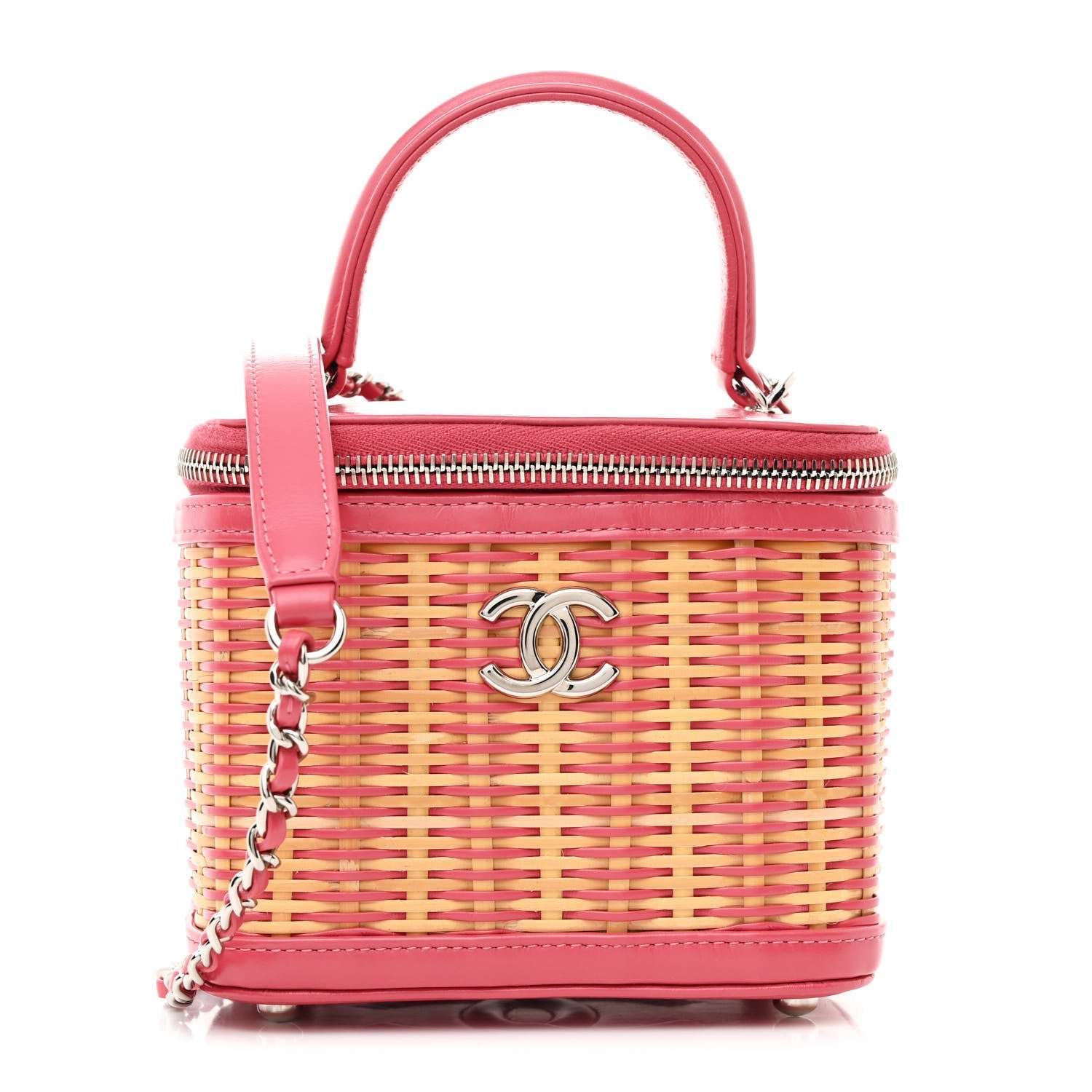 Chanel Calfskin Raffia Small Take Away Vanity Case Bag Pink Beige