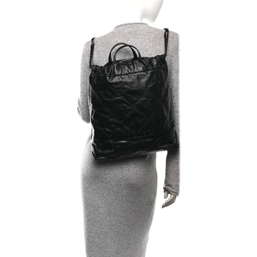 Chanel Shiny Calfskin Quilted Chanel 22 Backpack So Black
