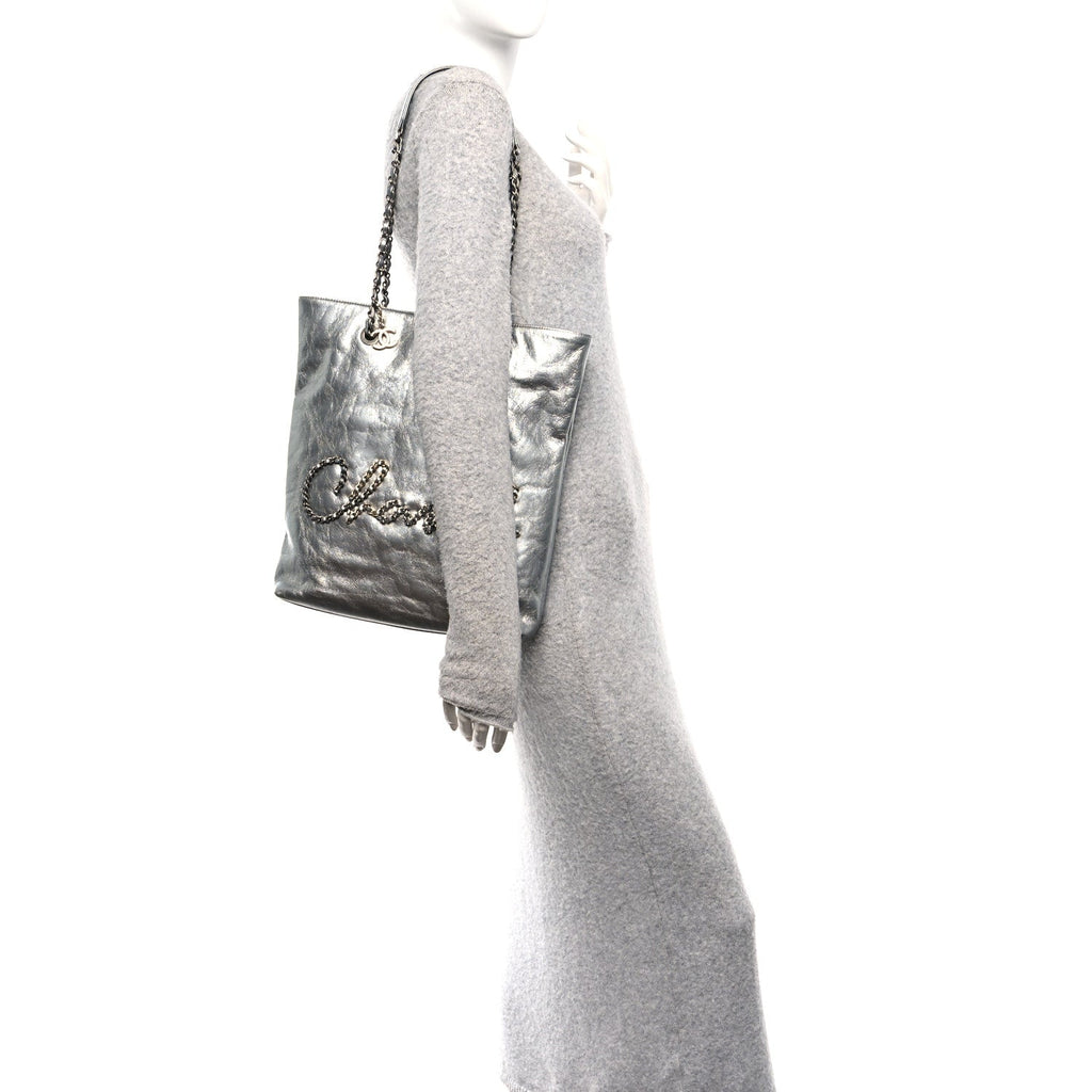 Chanel Calfskin Chain 20s Signe Tote Silver