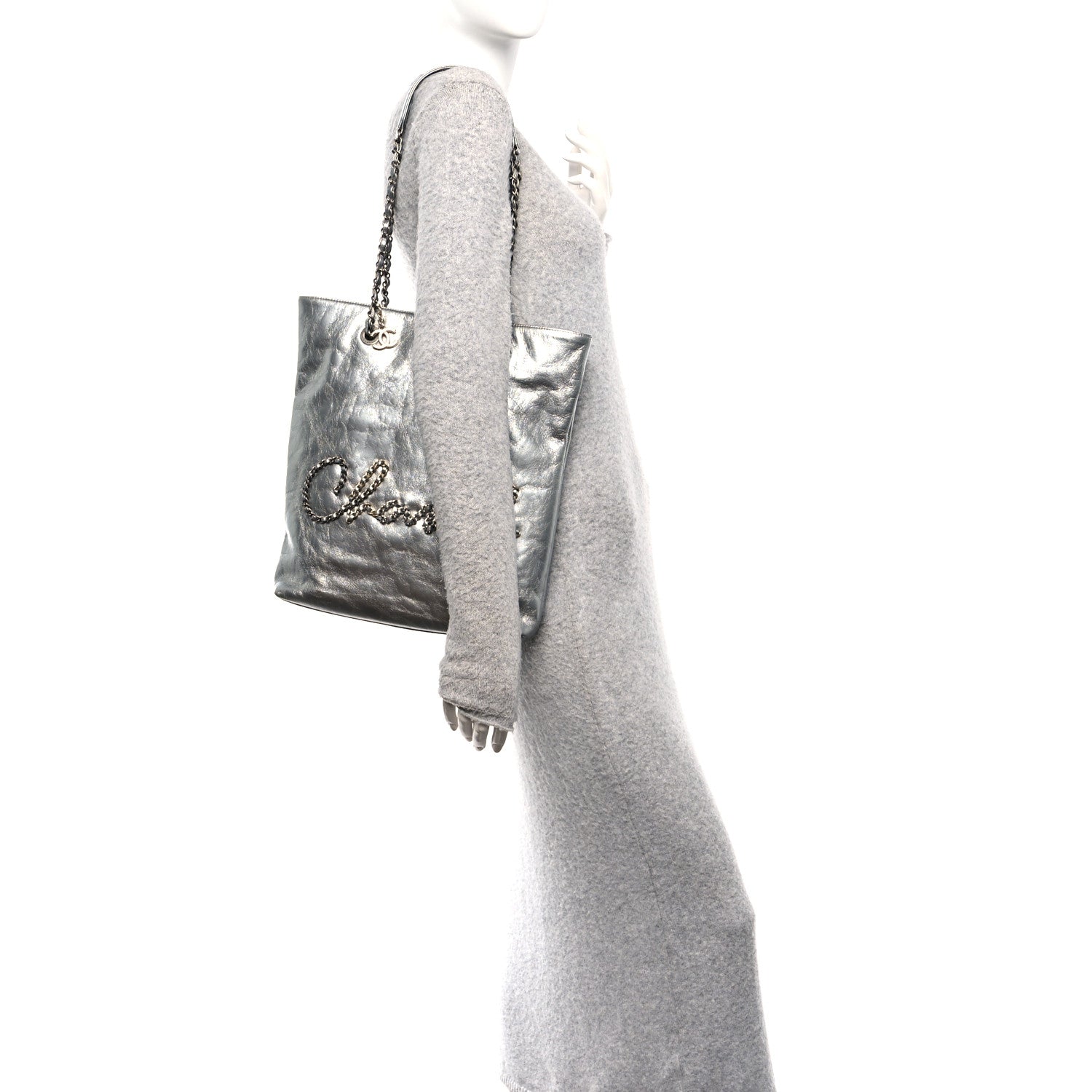Chanel Calfskin Chain 20s Signe Tote Silver