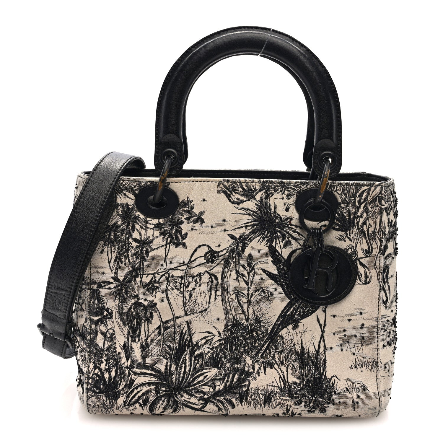 Christian Dior Calfskin Toile de Jouy Carnivora Medium Lady Dior White Black