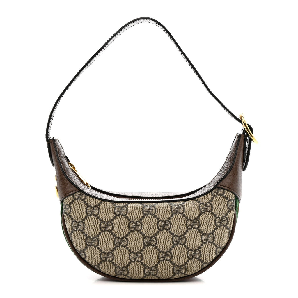 Gucci GG Supreme Monogram Textured Calfskin Web Mini Ophidia Half Moon Hobo Beige Ebony New Acero