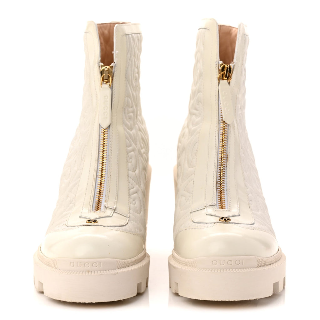 Gucci Calfskin Nappa Rhombus Quilted Trip Ankle Boots 39.5 Great White