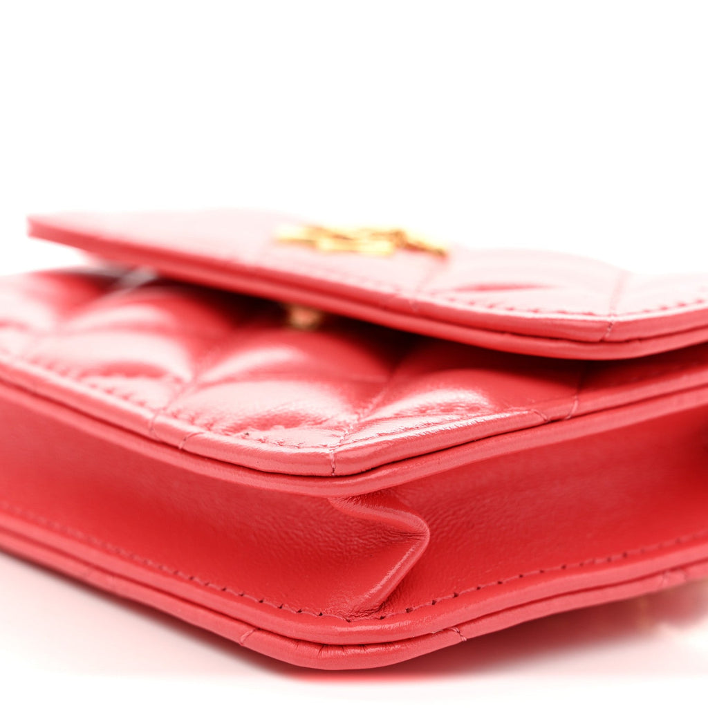 Chanel Shiny Lambskin Quilted Card Holder On Chain Pink