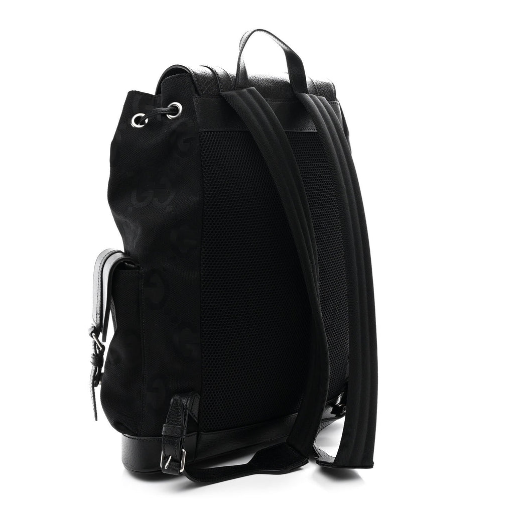 Gucci Monogram Jumbo GG Textured Dollar Calfskin Web Double Buckle Backpack Black