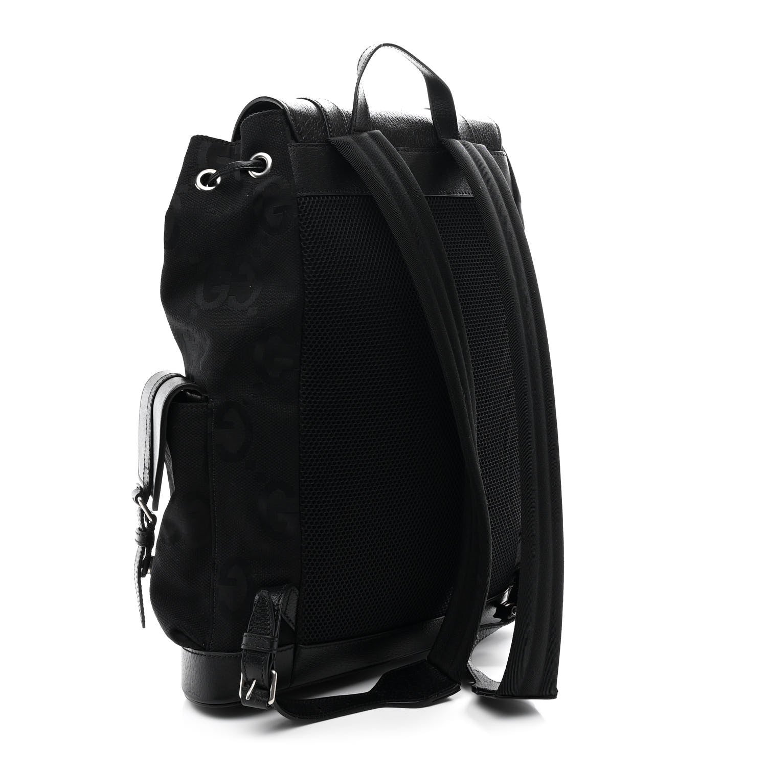 Gucci Monogram Jumbo GG Textured Dollar Calfskin Web Double Buckle Backpack Black