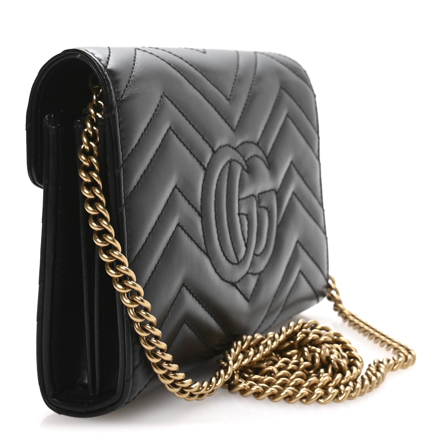 Gucci Calfskin Matelasse GG Marmont Chain Wallet Black