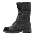 Chanel Tweed Lace Up Combat Boots 37.5 Dark Grey Black
