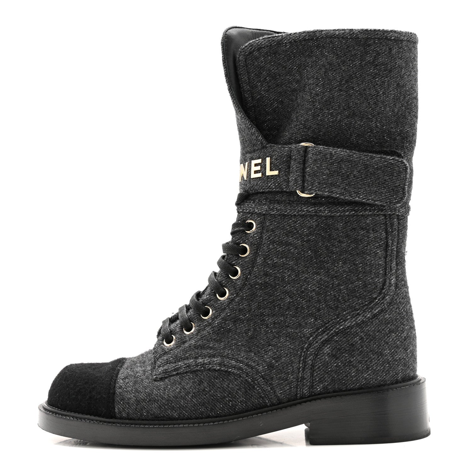 Chanel Tweed Lace Up Combat Boots 37.5 Dark Grey Black