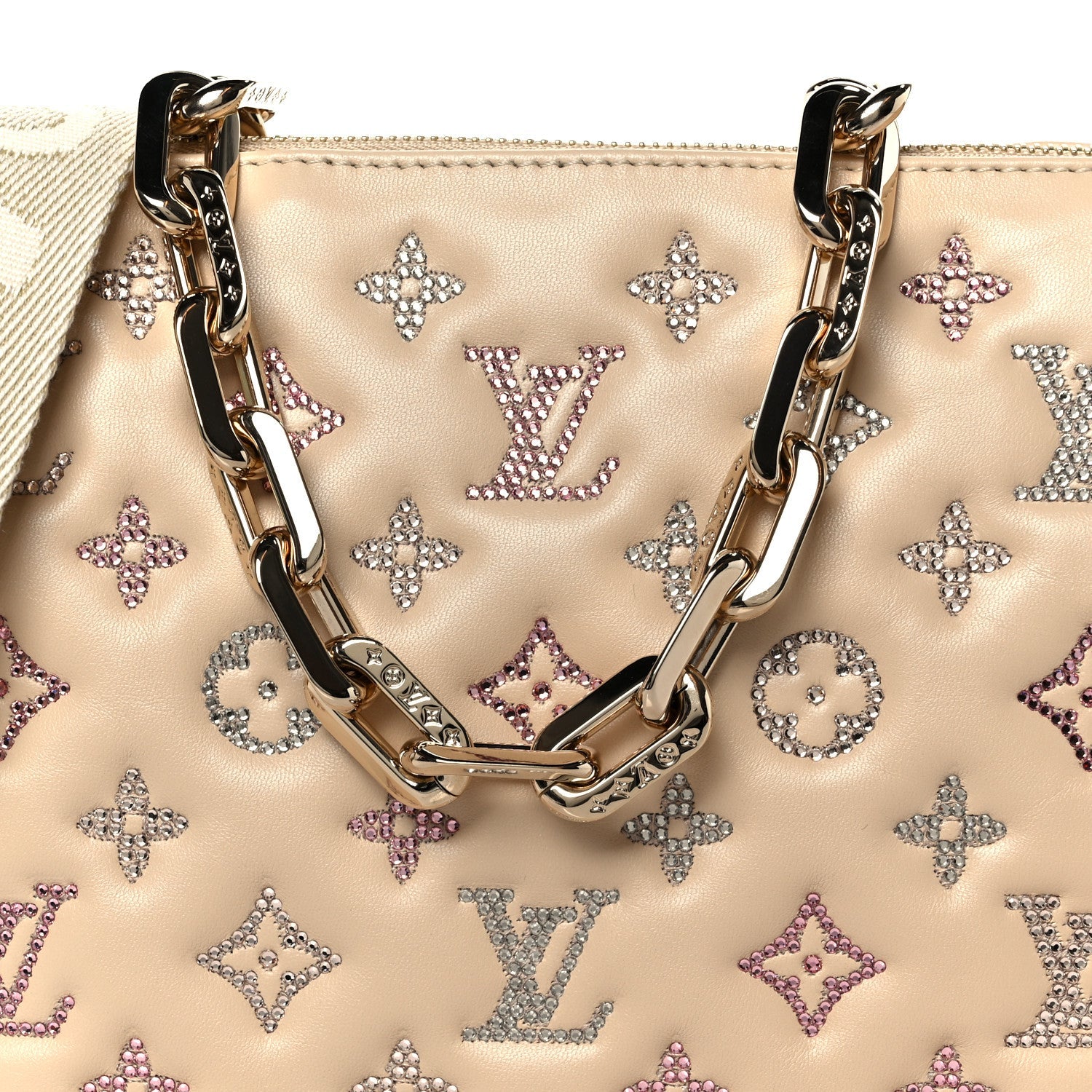Louis Vuitton Lambskin Swarovski Crystal Embossed Monogram Coussin PM Nude