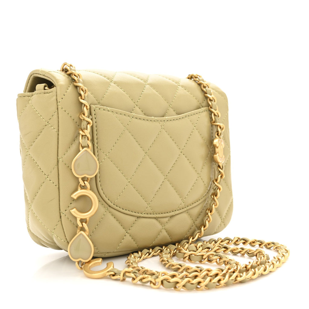 Chanel Lambskin Enamel Quilted Mini Coco Hearts Square Flap Light Green