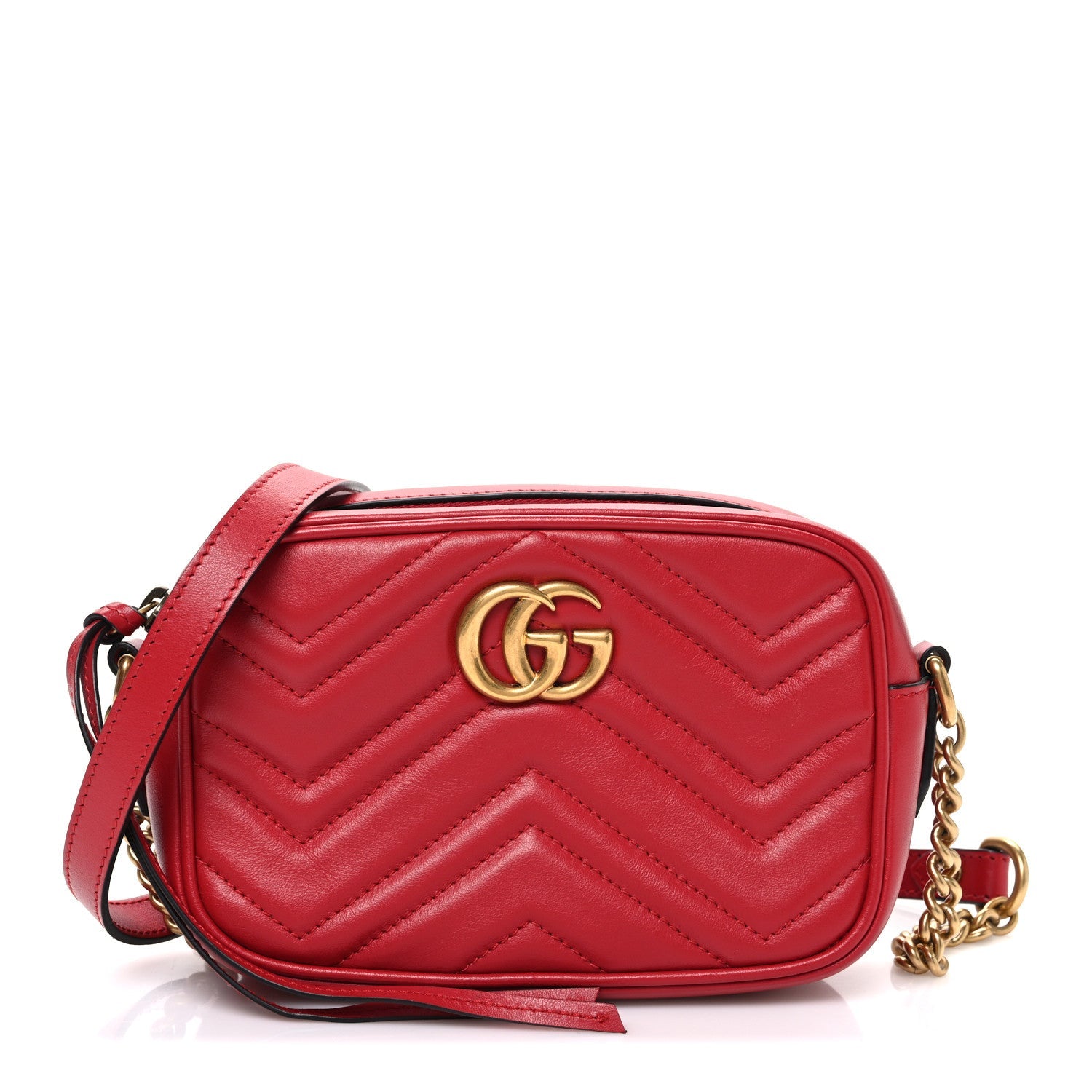 Gucci Calfskin Matelasse Mini GG Marmont Chain Shoulder Bag Hibiscus Red