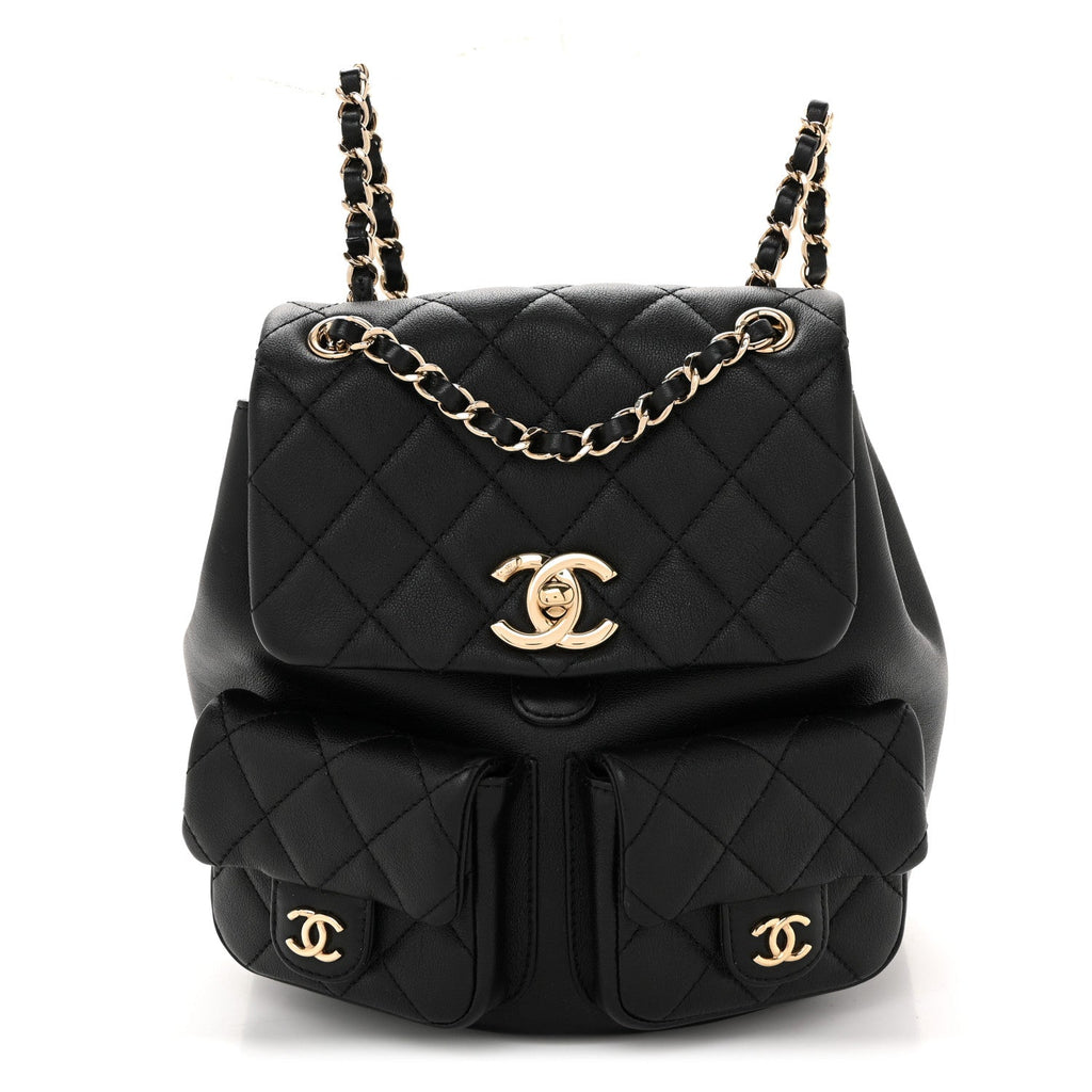 Chanel Calfskin Quilted Medium Duma Pockets Drawstring Backpack Black