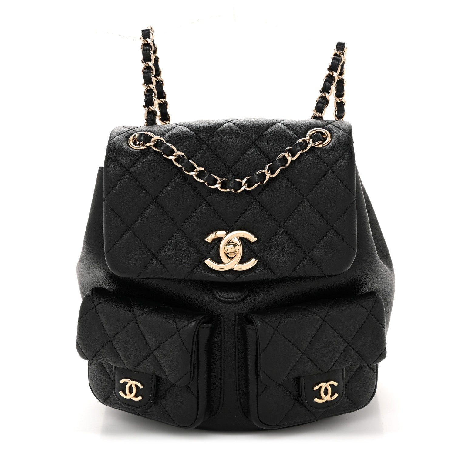 Chanel Calfskin Quilted Medium Duma Pockets Drawstring Backpack Black