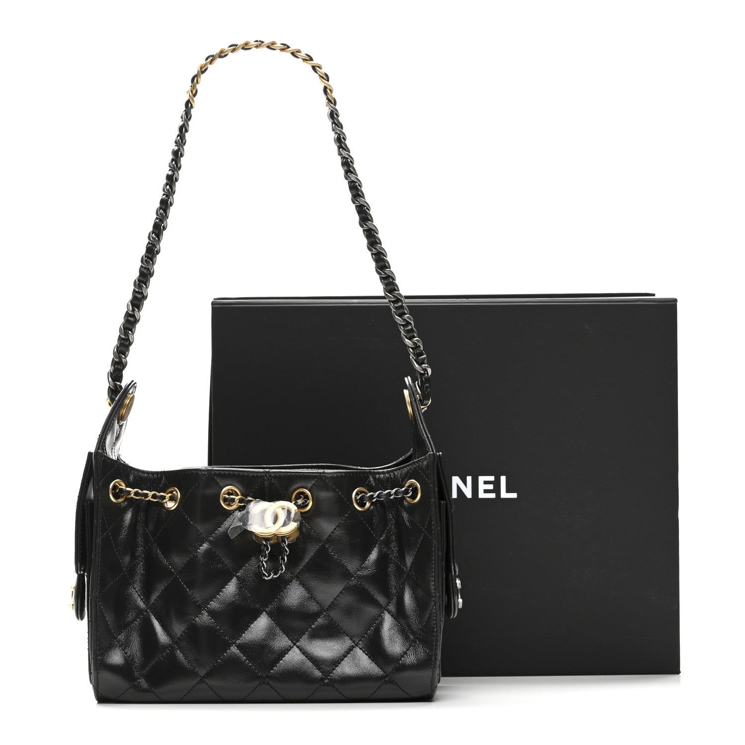 Chanel Shiny Crumpled Quilted Mini Chanel 25 Handbag Black