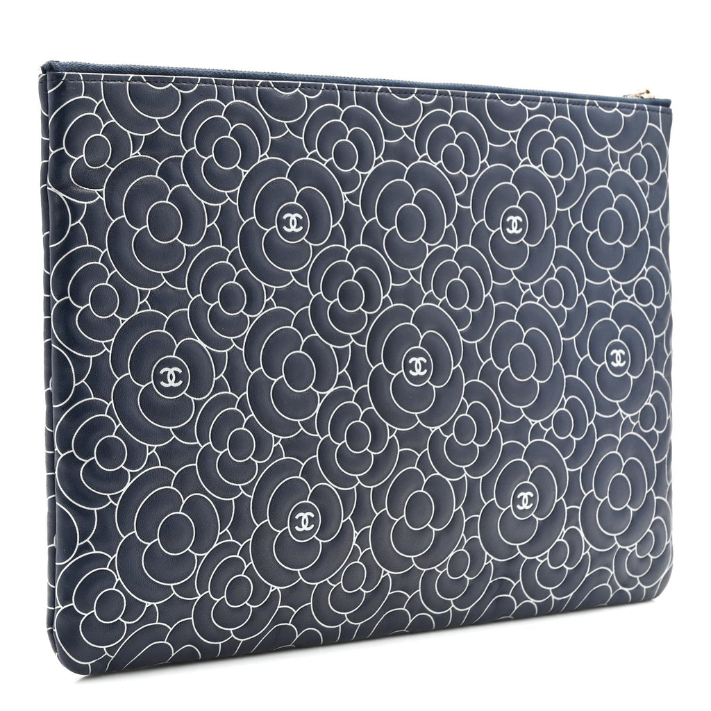 Lambskin Camellia Embossed Large Cosmetic Case Navy Silver