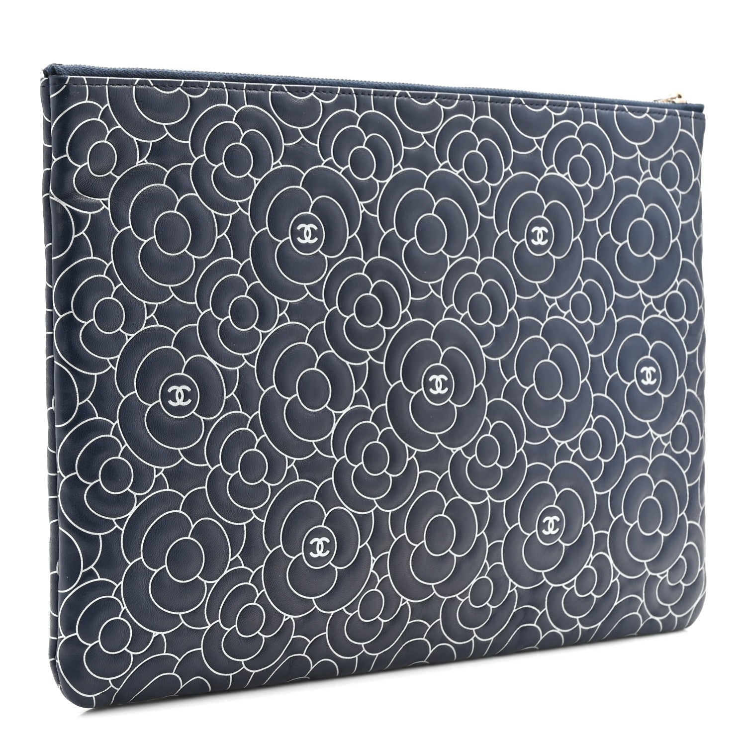 Lambskin Camellia Embossed Large Cosmetic Case Navy Silver