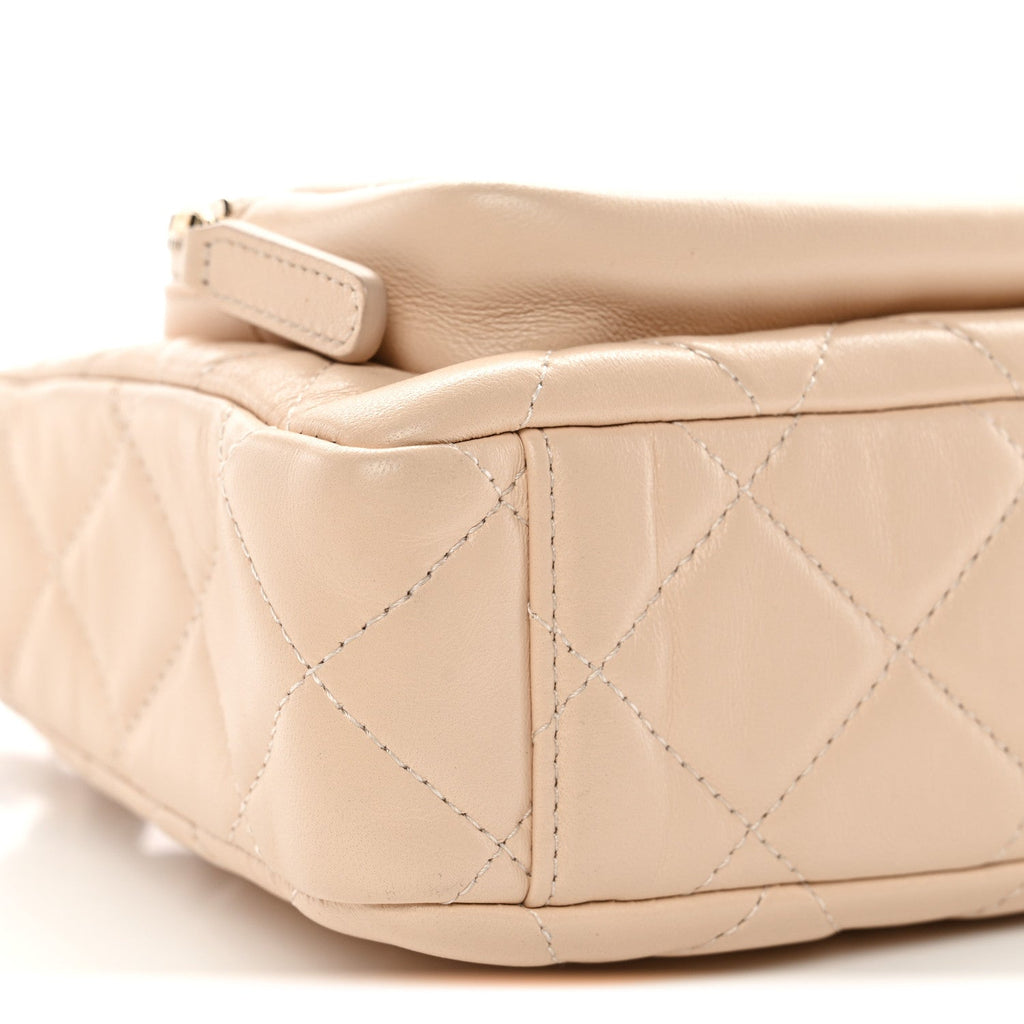 Chanel Shiny Crumpled Lambskin Quilted Small Preppy Pocket Clutch With Chain Beige