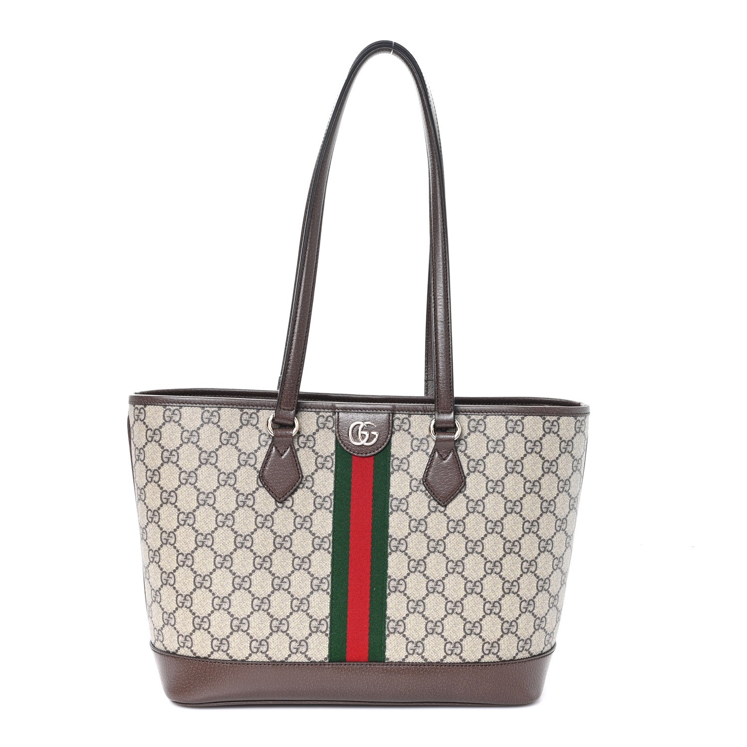 Gucci GG Supreme Monogram Textured Calfskin Web Small Ophidia Shoulder Tote Bag Beige Ebony New Acero