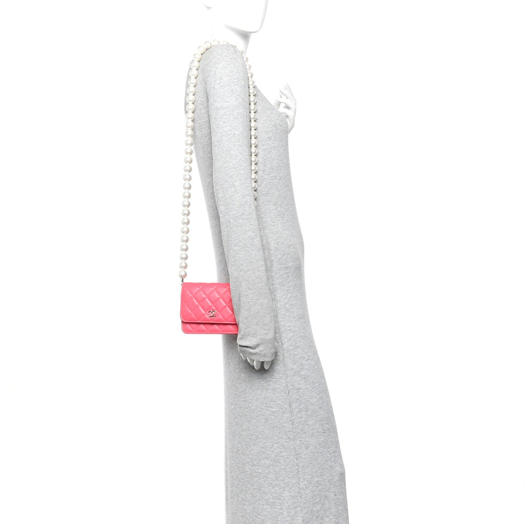 Chanel Calfskin Quilted Mini Maxi Pearls Wallet On Chain WOC Pink