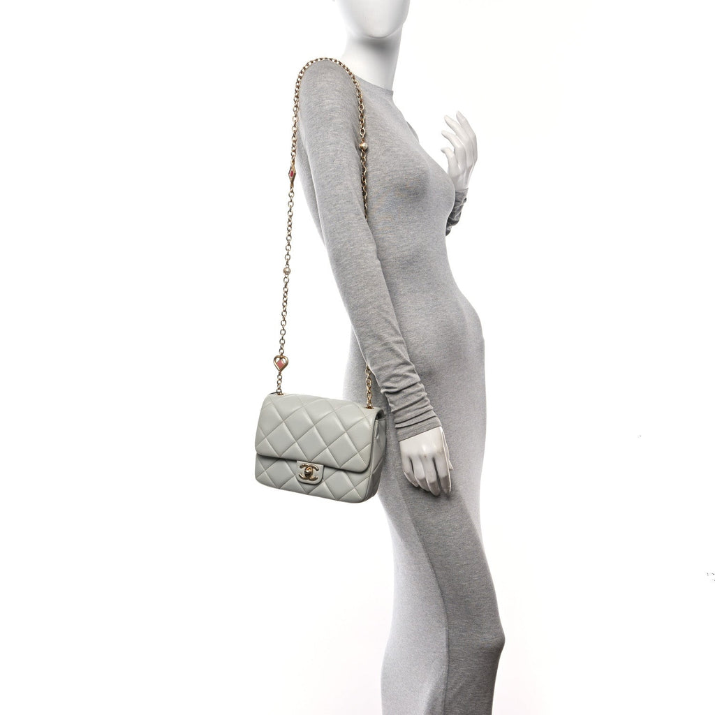 Chanel Lambskin Enamel Pearl Quilted Mini Charm Me Square Flap Light Blue