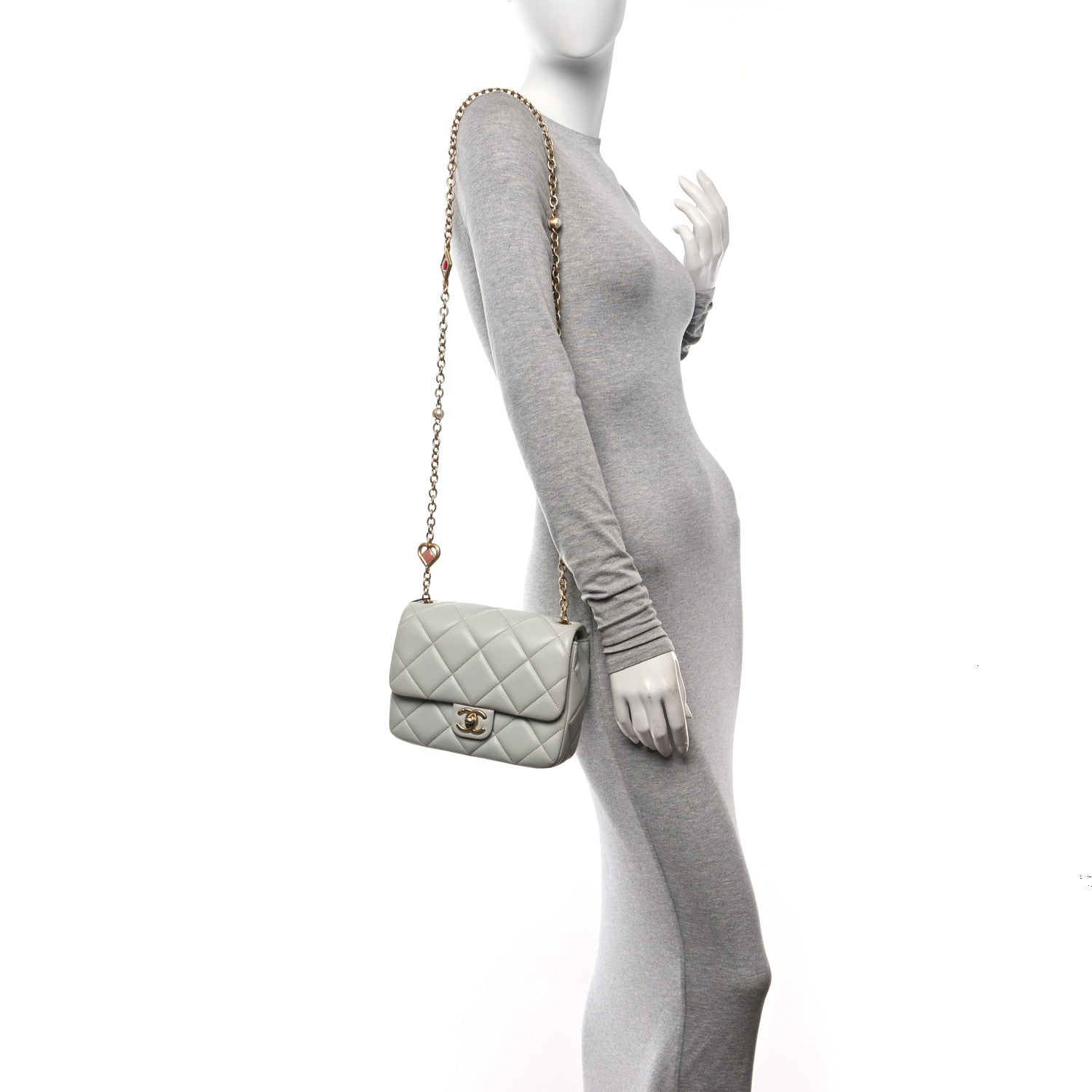 Chanel Lambskin Enamel Pearl Quilted Mini Charm Me Square Flap Light Blue