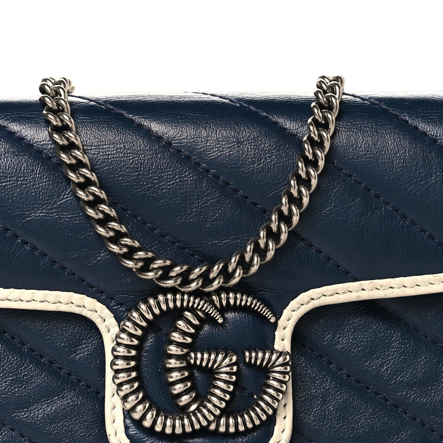 Gucci Vintage Effect Calfskin Matelasse Diagonal Super Mini Torchon GG Marmont Shoulder Bag Blue Agata Mystic White