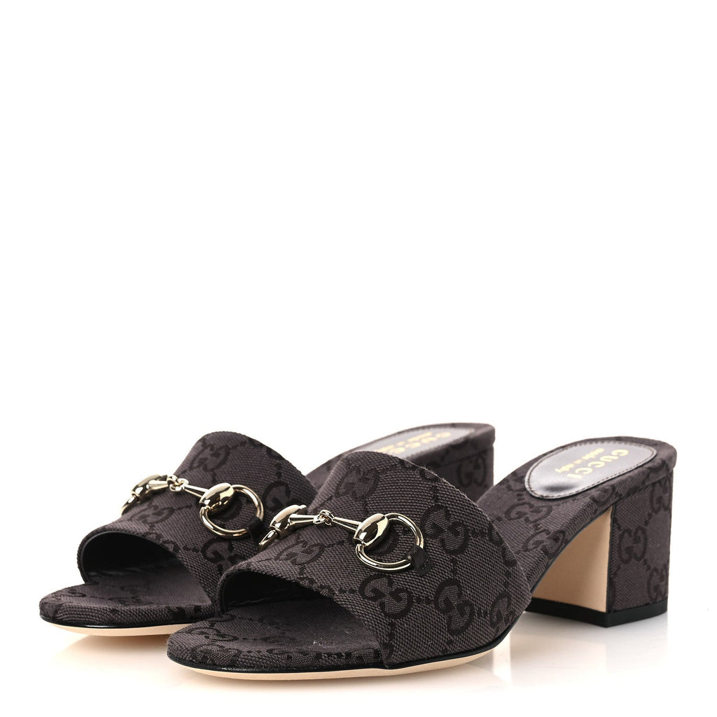 Gucci GG Monogram Horsebit Slide Sandals 36 Dark Brown
