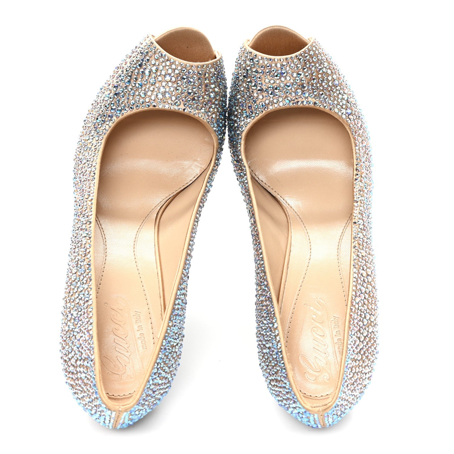 Gucci Satin Crystal Sofia Etoile Peep Toe Pumps 38 Blue