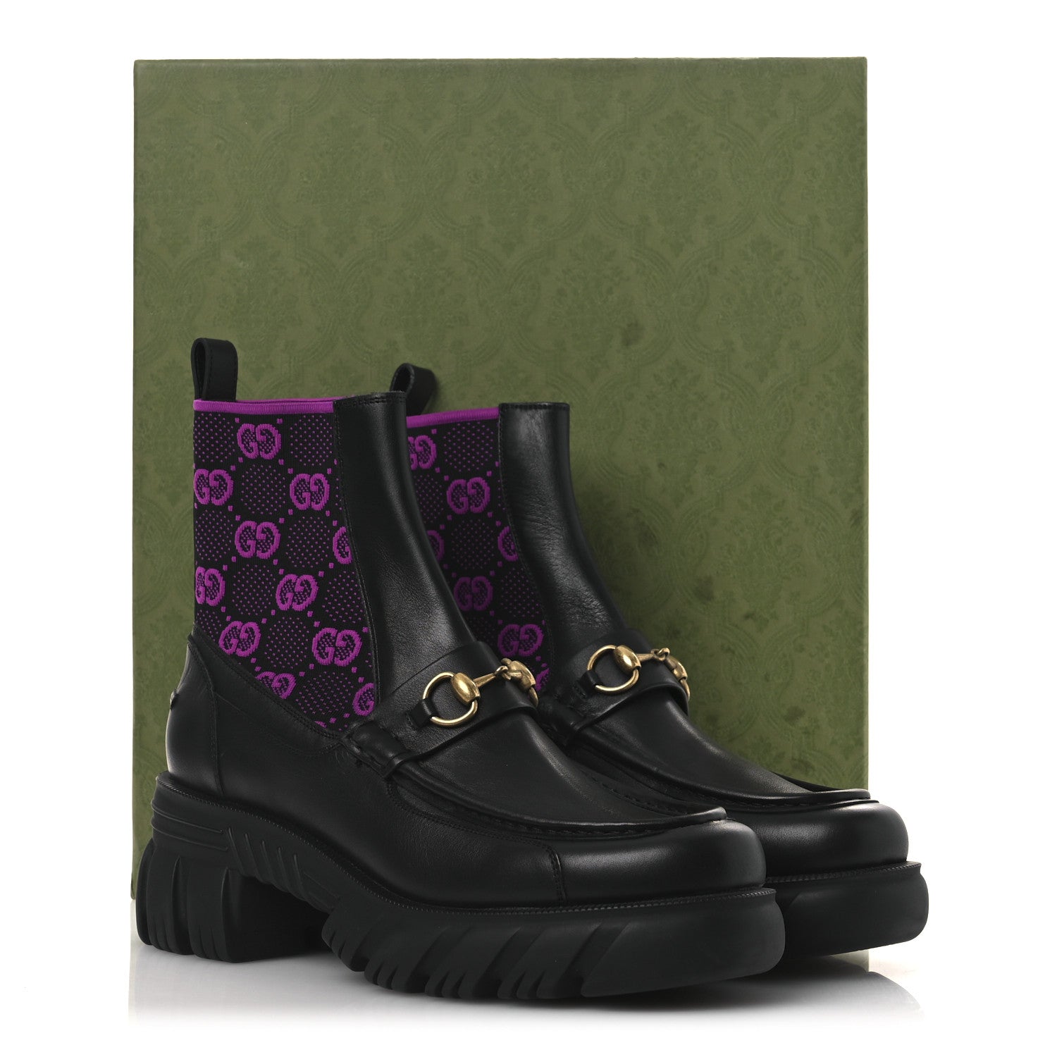 Gucci Quebec Calfskin Technical Jersey Knit GG Monogram Horsebit Ankle Boots 42 Black Fucsia