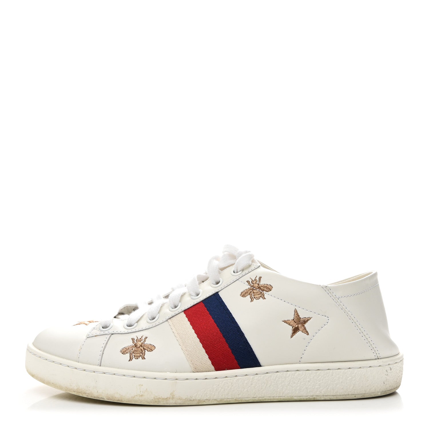 Gucci Calfskin Bee Star Embroidered Sylvie Web Ace Sneakers 37.5 White