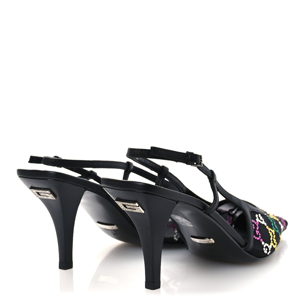 Gucci Tela Retino Nappa Charlotte Crystal GG Monogram Square G 75mm Slingback Pumps 37 Black