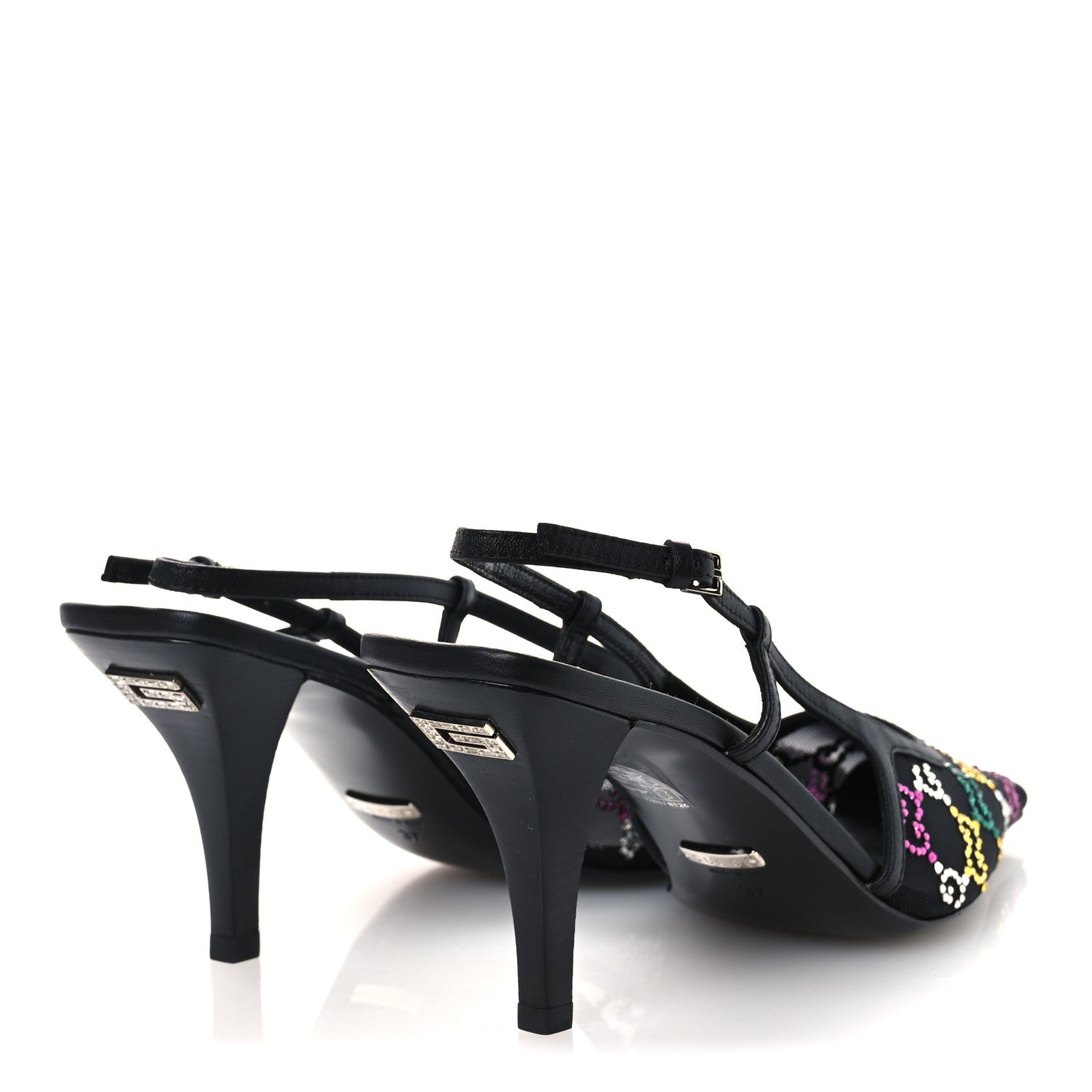 Gucci Tela Retino Nappa Charlotte Crystal GG Monogram Square G 75mm Slingback Pumps 37 Black