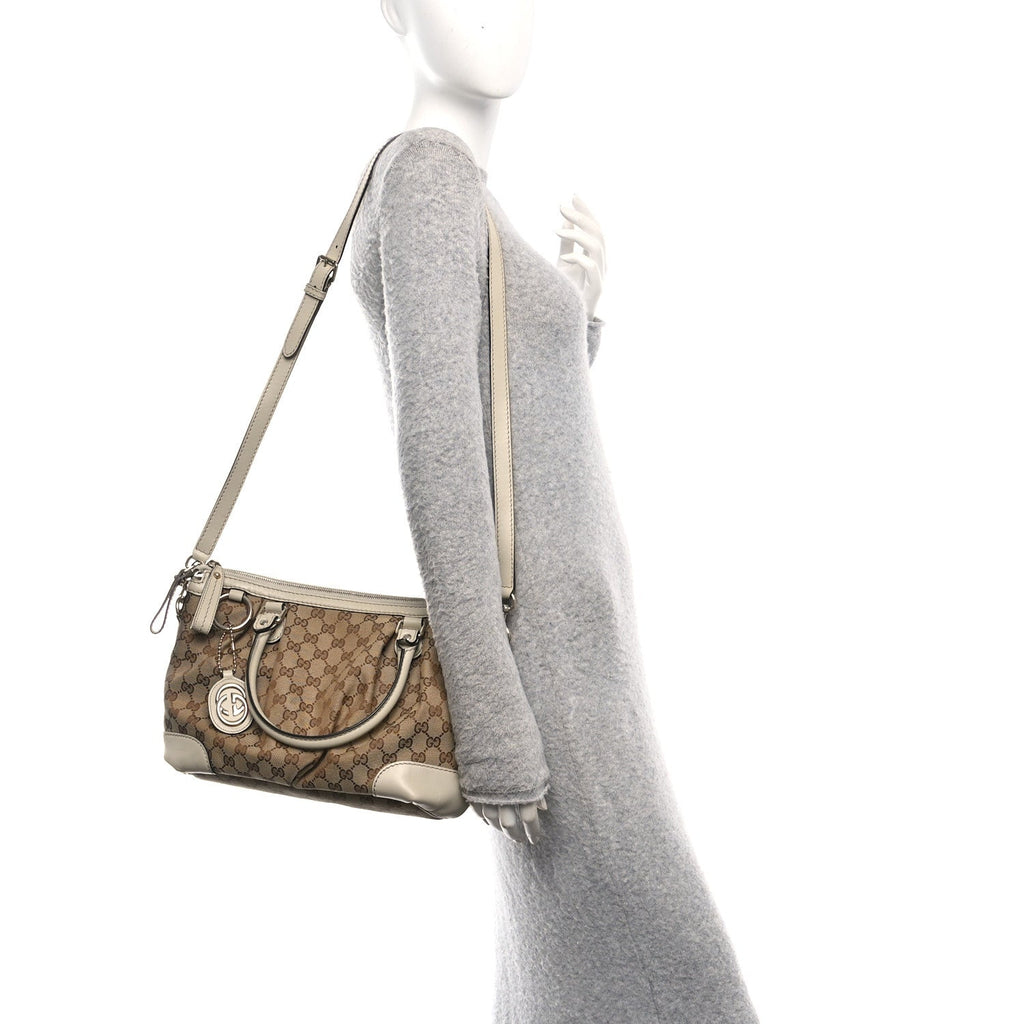 Gucci Monogram Margaux Calfskin Medium Sukey Top Handle Bag Beige Ebony Mystic White